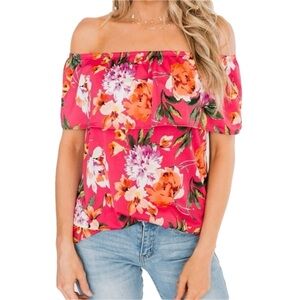 NWT Fuchsia Off-Shoulder Tropical Floral Top M